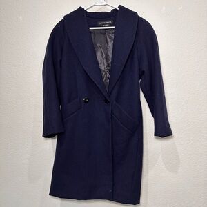 Donnybrook Navy Blue 100% Wool Long Coat Women 4P Shawl Collar Double Breasted